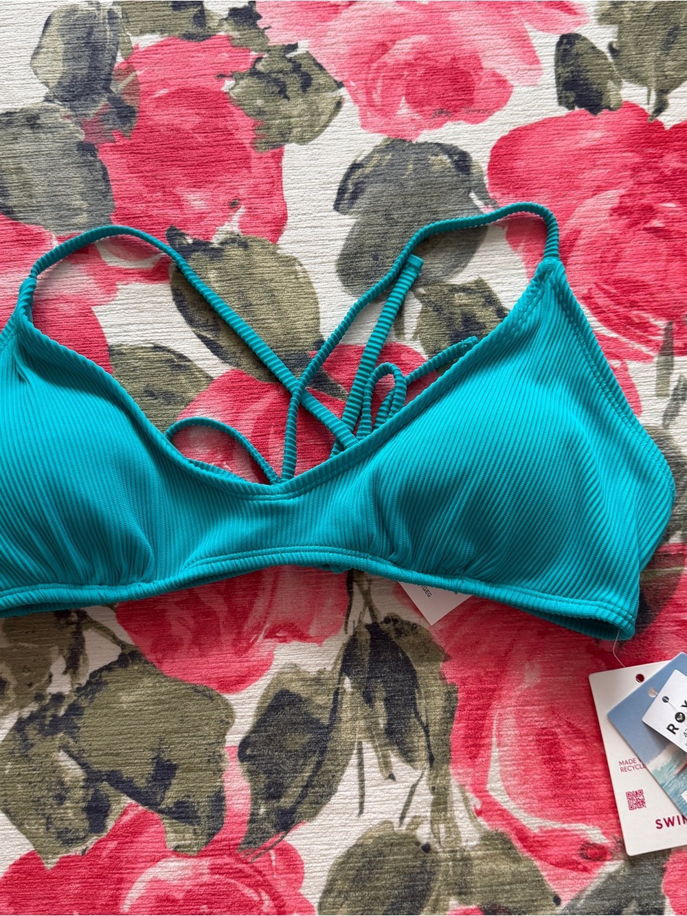 Roxy Teal Ribbed Strappy Bikini Top